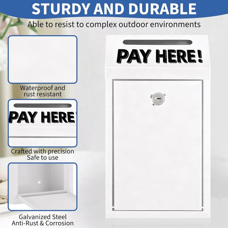 Hualleko Cash Money Box with Slot – 10.2In Metal Donation Box with Lock for Cash Deposit,Wall Mounted Money Drop with Lock and Slot for Home/Farm/Office/Outdoors (White) - Image 5